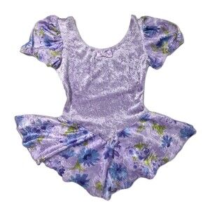 Gilda Marx VTG Purple Floral Crushed Velvet Puff Sleeve Leotard Dress Kids 12/14